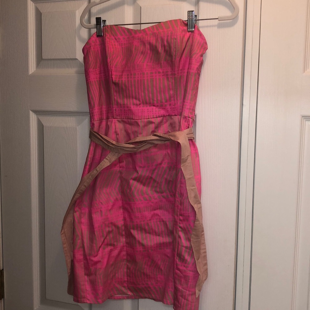 Pink and tan print strapless H&M dress